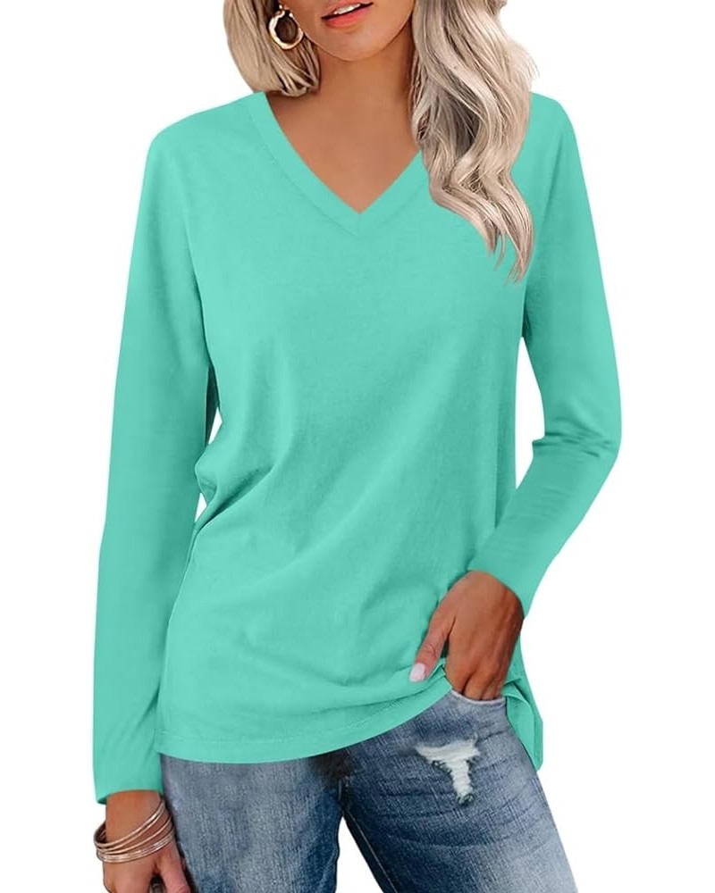 Women's V Neck Long Sleeve T Shirts Casual Color Block/Solid Tunic Tops Basic Tees B Lake Green $13.63 Tops