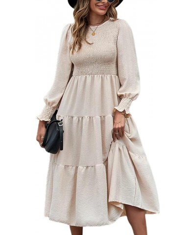 Women Crew Neck Long Sleeve Maxi Dress Smocked Tiered Ruffle Swing A Line Dress Flowy Cocktail Party Midi Dresses 3 Apricot $...