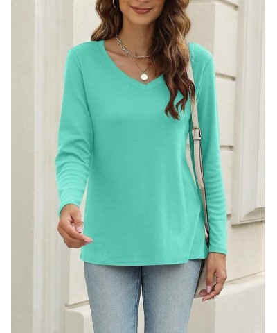 Women's V Neck Long Sleeve T Shirts Casual Color Block/Solid Tunic Tops Basic Tees B Lake Green $13.63 Tops