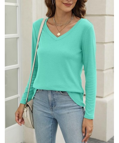 Women's V Neck Long Sleeve T Shirts Casual Color Block/Solid Tunic Tops Basic Tees B Lake Green $13.63 Tops