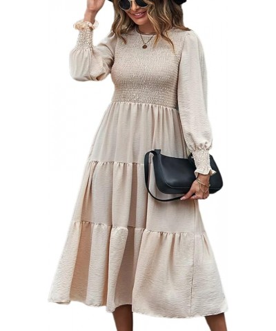 Women Crew Neck Long Sleeve Maxi Dress Smocked Tiered Ruffle Swing A Line Dress Flowy Cocktail Party Midi Dresses 3 Apricot $...