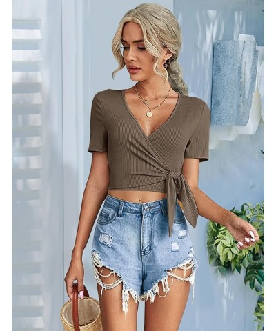 Crop Tops for Women Summer Cute Tops with Deep V Neck Shirts Sexy Unique Cross Wrap Slim Fit Tie Up Front Short Sleeve 116-br...