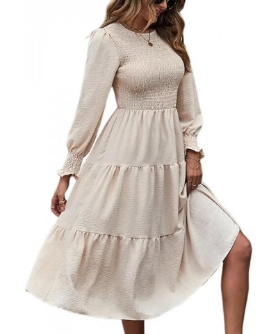 Women Crew Neck Long Sleeve Maxi Dress Smocked Tiered Ruffle Swing A Line Dress Flowy Cocktail Party Midi Dresses 3 Apricot $...