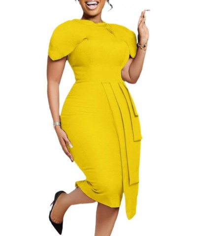 Women's Peplum Bodycon Dress Sexy Sweetheart Neck Short Sleeve Office Work Midi Pencil Dress Ruched Summer Dresses Z01-yellow...