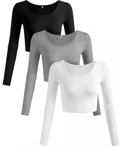 3 Pcs Women's Long Sleeve Crop Tops Slim Fitted Scoop Neck Workout Top Basic Causal Tee T Shirt for Women Black, White, Gray ...