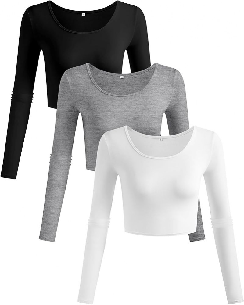 3 Pcs Women's Long Sleeve Crop Tops Slim Fitted Scoop Neck Workout Top Basic Causal Tee T Shirt for Women Black, White, Gray ...