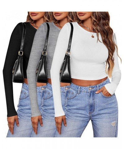 3 Pcs Women's Long Sleeve Crop Tops Slim Fitted Scoop Neck Workout Top Basic Causal Tee T Shirt for Women Black, White, Gray ...