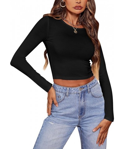 3 Pcs Women's Long Sleeve Crop Tops Slim Fitted Scoop Neck Workout Top Basic Causal Tee T Shirt for Women Black, White, Gray ...