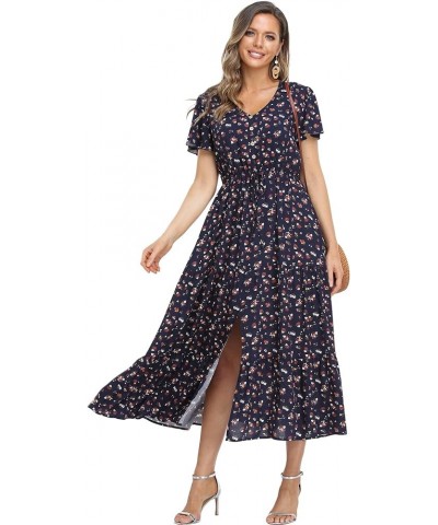 Women's Floral Maxi Dress Short Sleeve Midi Dress Summer Boho Dresses V-Neck Ruffle Swing Flowy Beach Party Dress with Slit N...