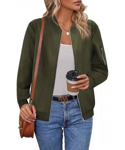 Women's Bomber Jacket Faux Suede Casual Bomber Coat Zip Up Biker Jacket with Pockets A_army Green $24.35 Coats