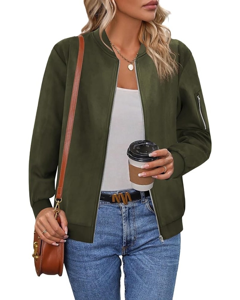 Women's Bomber Jacket Faux Suede Casual Bomber Coat Zip Up Biker Jacket with Pockets A_army Green $24.35 Coats