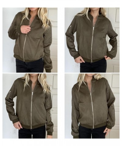 Women's Bomber Jacket Faux Suede Casual Bomber Coat Zip Up Biker Jacket with Pockets A_army Green $24.35 Coats