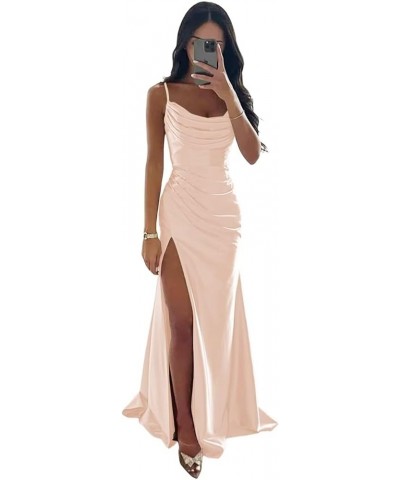 Women's Spaghetti Straps Satin Bridesmaid Dresses Long Cowl Neck Mermaid Formal Party Dresses with Slit QA095 Peach Pink $26....