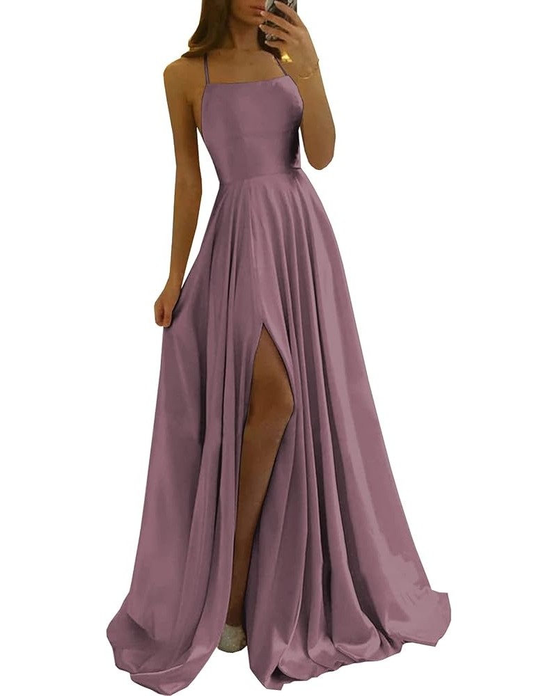 Spaghetti Strap Silk Satin Prom Dresses for Teens 2024 High Split Long Ball Gown A Line Formal Dresses with Pockets Wisteria ...