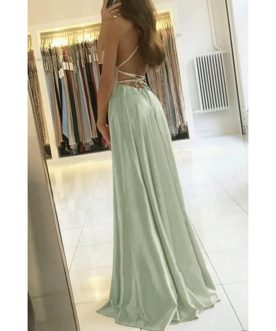 Spaghetti Strap Silk Satin Prom Dresses for Teens 2024 High Split Long Ball Gown A Line Formal Dresses with Pockets Wisteria ...