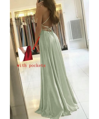 Spaghetti Strap Silk Satin Prom Dresses for Teens 2024 High Split Long Ball Gown A Line Formal Dresses with Pockets Wisteria ...