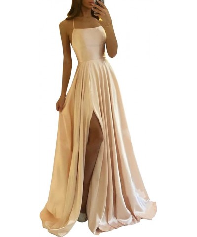 Spaghetti Strap Silk Satin Prom Dresses for Teens 2024 High Split Long Ball Gown A Line Formal Dresses with Pockets Wisteria ...