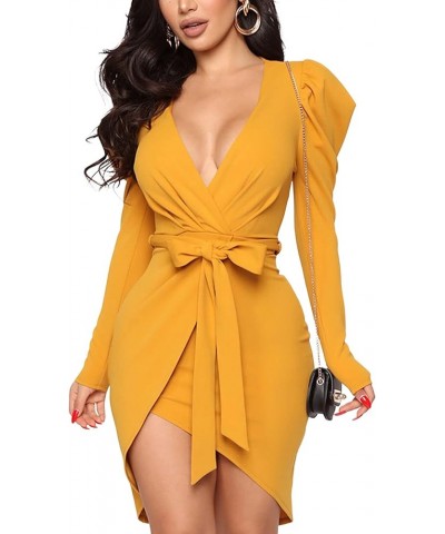 Women's Wrap Deep V Neck Puff Long Sleeve Belted Sexy Club Bodycon Mini Dress Yellow $24.47 Dresses