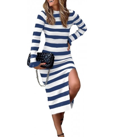 Women Sweater Dress Long Sleeve Striped Mock Neck Bodycon Trendy Slit Ribbed Fall Maxi Dresses Stripe Blue White $14.26 Sweaters