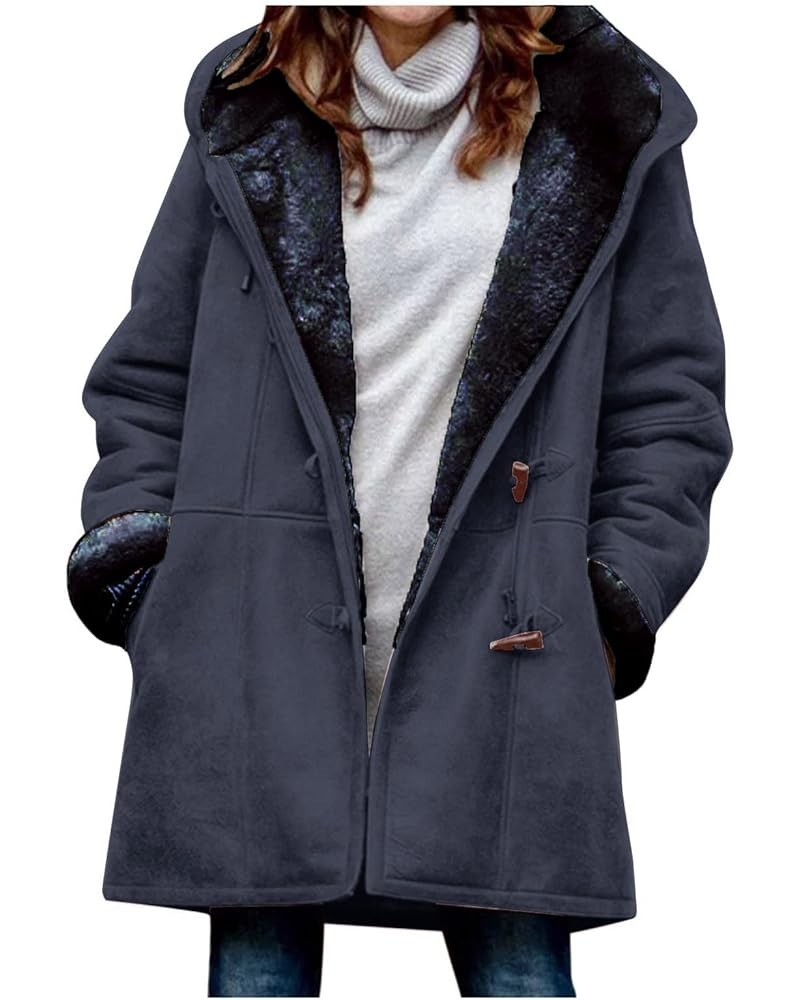 Plus Size Winter Coats for Women 2023 Warm Fleece Lined Distressed Jackets Hooded Parka Faux Suede Pea Coat Outerwear 07 Navy...