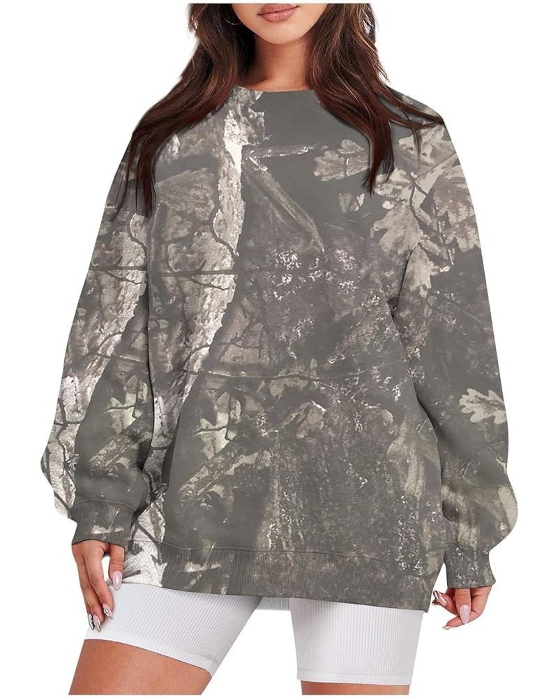 Camo Sweatshirt for Women Maple-Leaf Print Camo Crewneck Sweatshirts Long Sleeve Oversized Sweater Pullover Casual Tops Gray ...