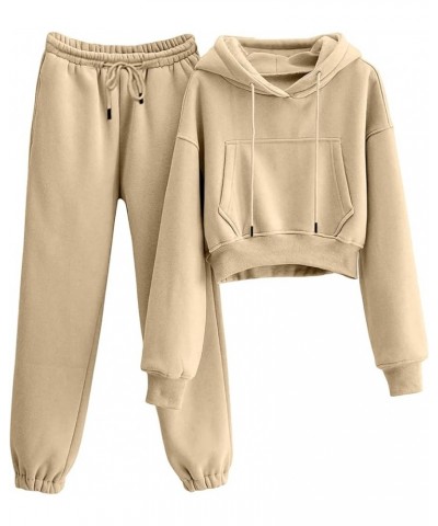 Women's Fleece 2 Piece Outfits Sweatsuit Crop Hooded Pullover Sweatshirt Joggers Sweatpants Tracksuits Set Khaki $19.78 Activ...