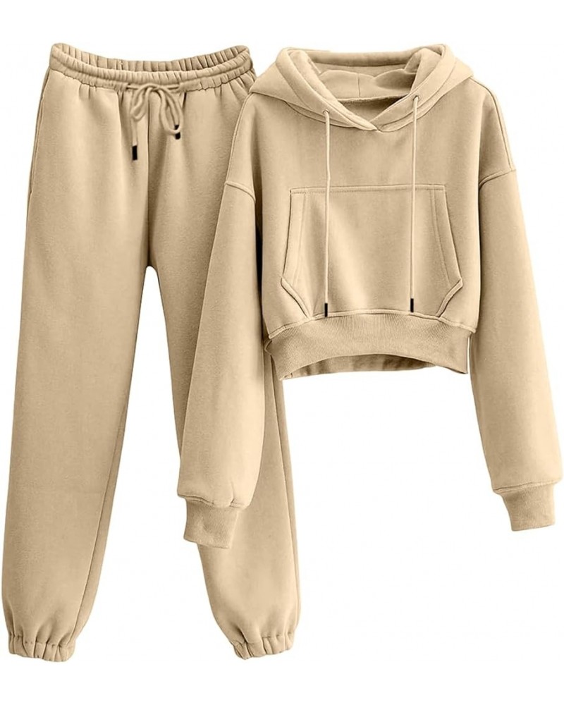 Women's Fleece 2 Piece Outfits Sweatsuit Crop Hooded Pullover Sweatshirt Joggers Sweatpants Tracksuits Set Khaki $19.78 Activ...