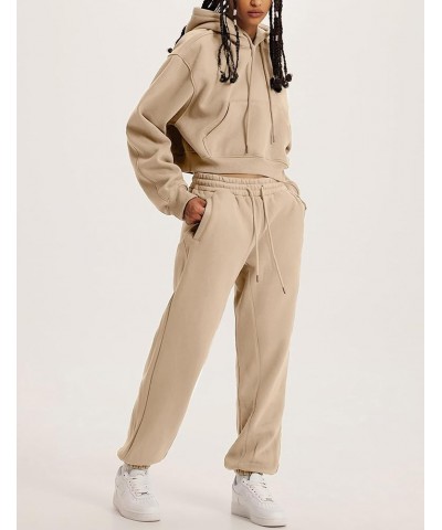 Women's Fleece 2 Piece Outfits Sweatsuit Crop Hooded Pullover Sweatshirt Joggers Sweatpants Tracksuits Set Khaki $19.78 Activ...