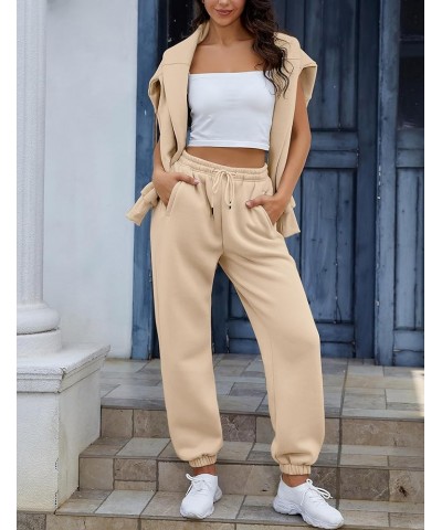 Women's Fleece 2 Piece Outfits Sweatsuit Crop Hooded Pullover Sweatshirt Joggers Sweatpants Tracksuits Set Khaki $19.78 Activ...