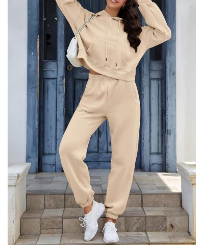 Women's Fleece 2 Piece Outfits Sweatsuit Crop Hooded Pullover Sweatshirt Joggers Sweatpants Tracksuits Set Khaki $19.78 Activ...