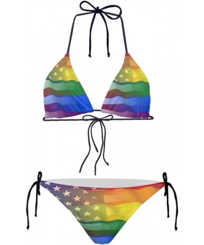 Triangle Bikini Sets for Women Halter String Tie Swimwear Bathing Suit Beach Travel Party Rainbow Usa Flag $12.87 Swimsuits