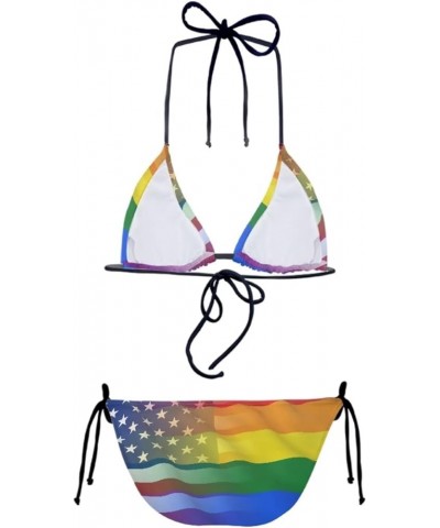 Triangle Bikini Sets for Women Halter String Tie Swimwear Bathing Suit Beach Travel Party Rainbow Usa Flag $12.87 Swimsuits