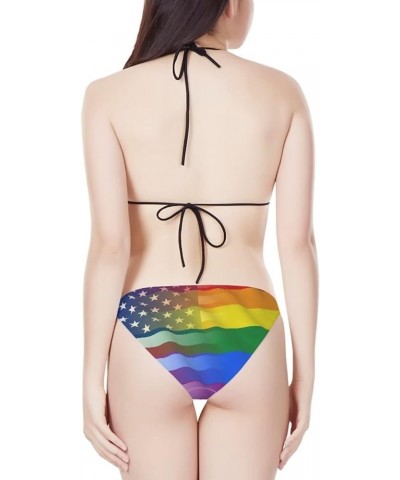 Triangle Bikini Sets for Women Halter String Tie Swimwear Bathing Suit Beach Travel Party Rainbow Usa Flag $12.87 Swimsuits