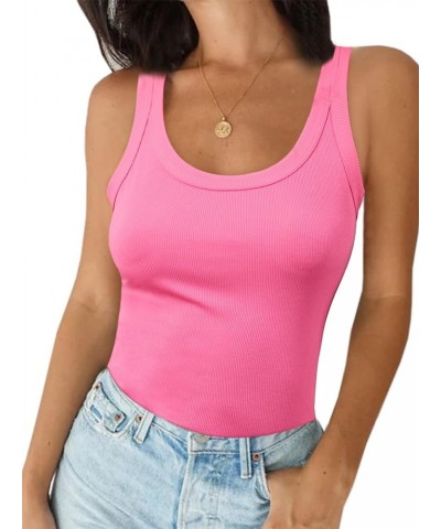 Ribbed Tank Top for Women Summer Fitted Basic Cami Sleeveless Tops Scoop Neck Shirt Pink $12.47 Tanks