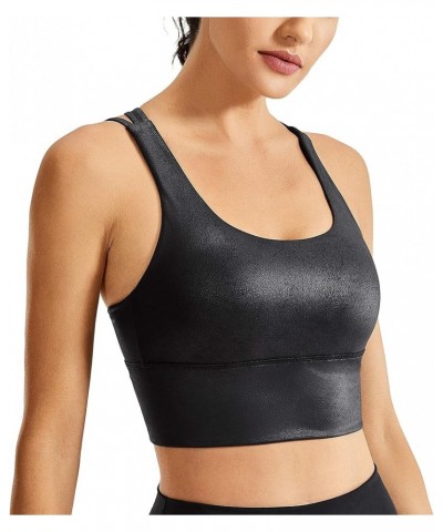 Women's Strappy Longline Sports Bras - Wirefree Padded Medium Impact Workout Crop Tank Top Faux Leather Black Plain $17.16 Ac...