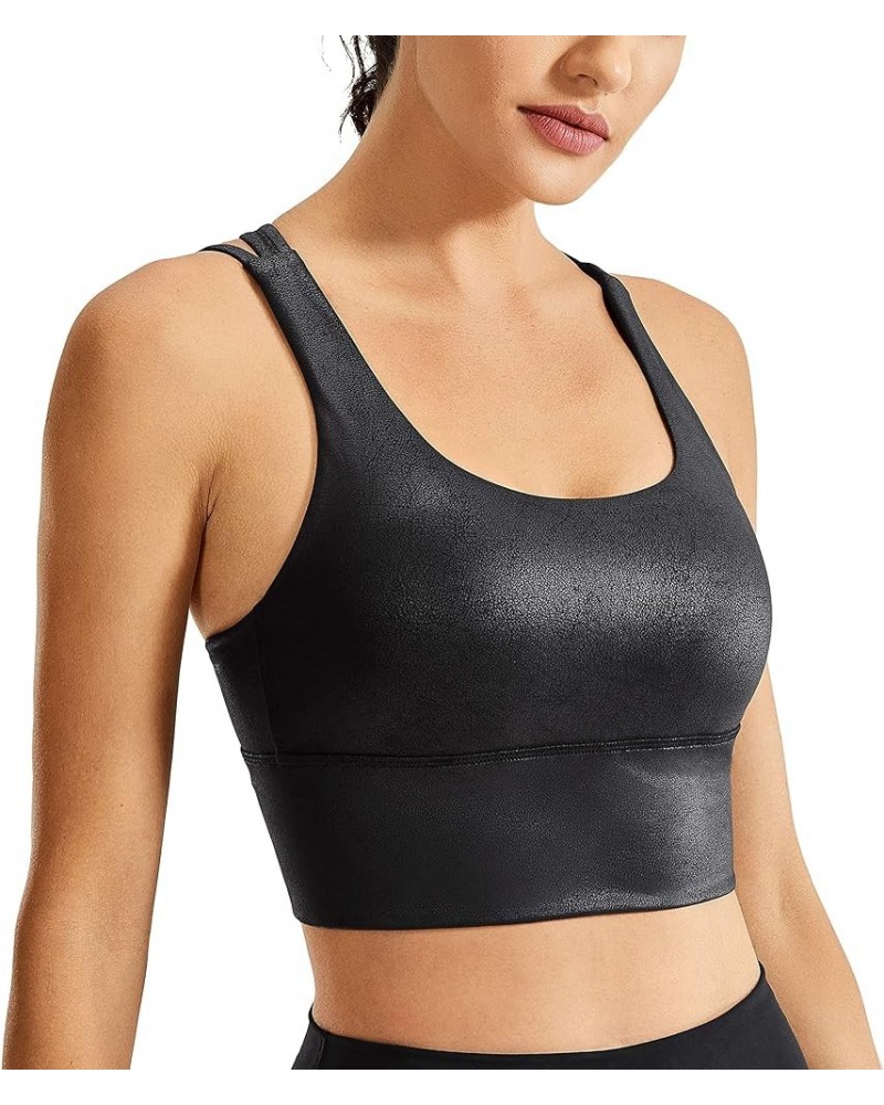 Women's Strappy Longline Sports Bras - Wirefree Padded Medium Impact Workout Crop Tank Top Faux Leather Black Plain $17.16 Ac...