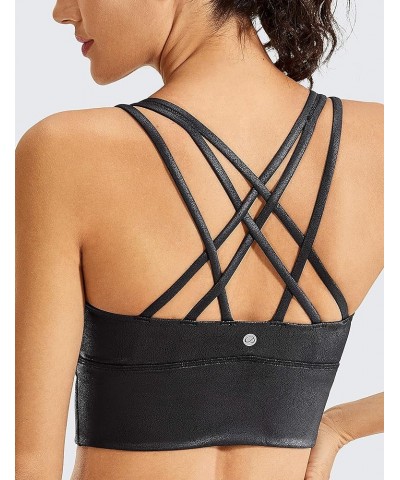 Women's Strappy Longline Sports Bras - Wirefree Padded Medium Impact Workout Crop Tank Top Faux Leather Black Plain $17.16 Ac...