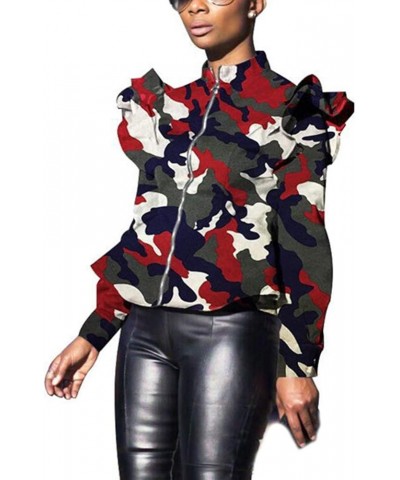 Camouflage Print Jacket for Women Ruffle Long Sleeve Full Zipper Biker Jacket Spring Casual Short Coat,Wine red,3XL Small Win...