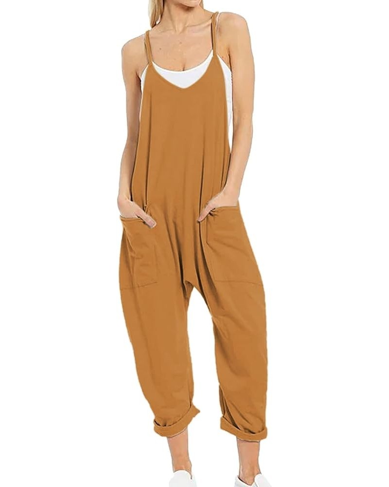 One Piece Jumpsuits for Women Loose Spaghetti Strap Romper Hot Shot Onesie Sleeveless Baggy Overalls with Pockets Brown $17.9...