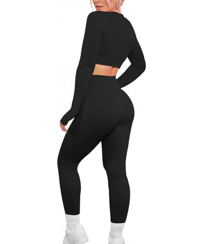 Women's Workout Set 2 Piece Gym Seamless Leggings Ribbed Crop Top Active Wear Outfits Black $18.47 Activewear