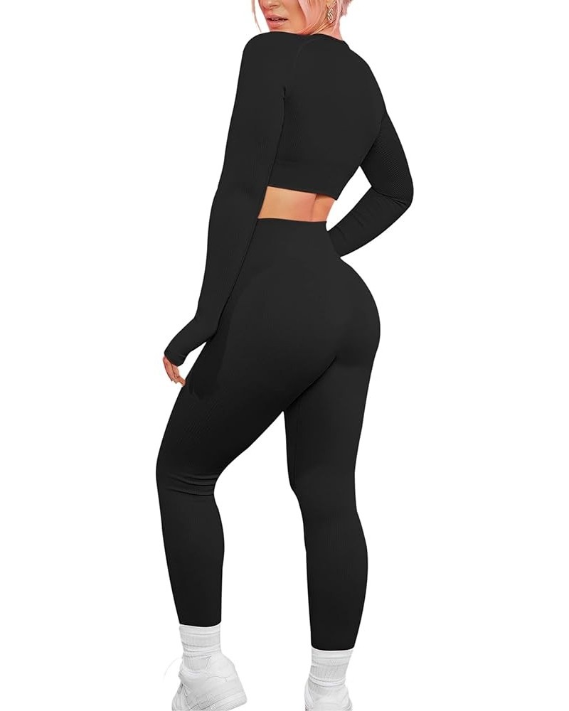 Women's Workout Set 2 Piece Gym Seamless Leggings Ribbed Crop Top Active Wear Outfits Black $18.47 Activewear