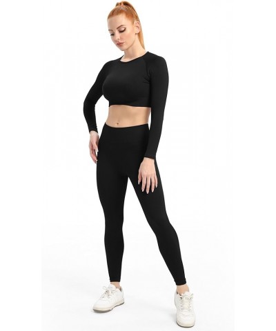 Women's Workout Set 2 Piece Gym Seamless Leggings Ribbed Crop Top Active Wear Outfits Black $18.47 Activewear