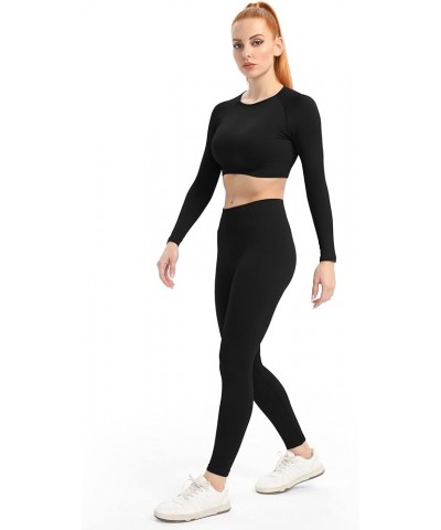 Women's Workout Set 2 Piece Gym Seamless Leggings Ribbed Crop Top Active Wear Outfits Black $18.47 Activewear