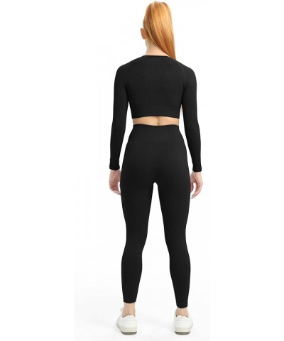 Women's Workout Set 2 Piece Gym Seamless Leggings Ribbed Crop Top Active Wear Outfits Black $18.47 Activewear