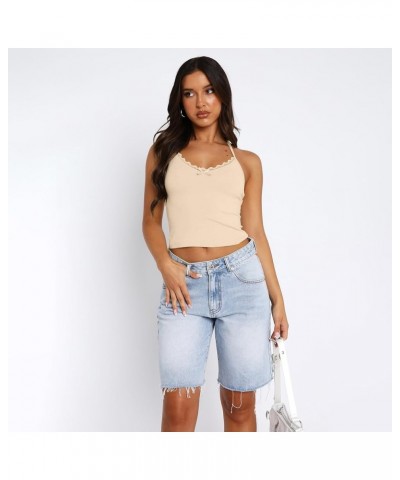 Y2k Lace Cami Crop Top for Women Sexy Sleeveless Backless See Through Spaghetti Strap Mesh Camisole Going Out Tank Khaki Halt...