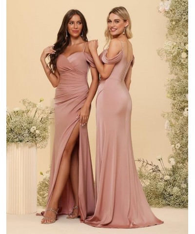 Cold Shoulder Bridesmaid Dresses for Women Mermaid Satin Pleated Formal Party Dress with Slit CR061 Red $36.75 Dresses