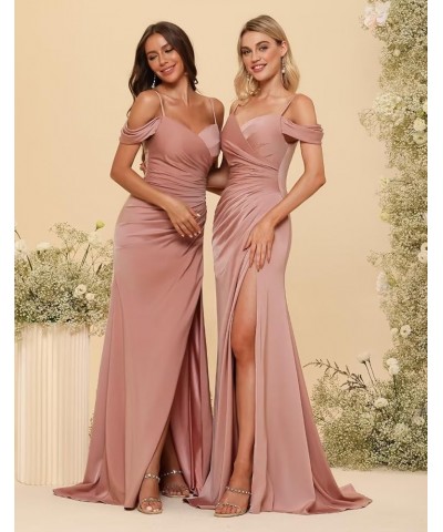 Cold Shoulder Bridesmaid Dresses for Women Mermaid Satin Pleated Formal Party Dress with Slit CR061 Red $36.75 Dresses