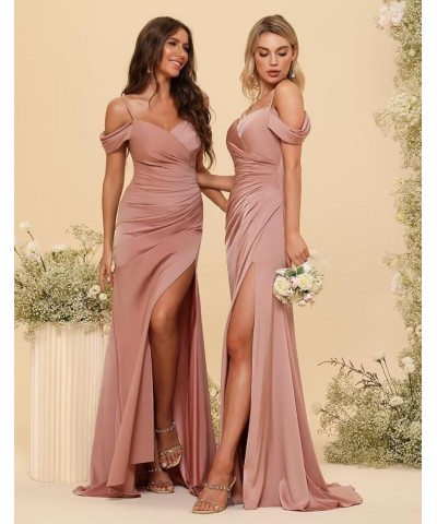 Cold Shoulder Bridesmaid Dresses for Women Mermaid Satin Pleated Formal Party Dress with Slit CR061 Red $36.75 Dresses