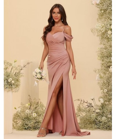 Cold Shoulder Bridesmaid Dresses for Women Mermaid Satin Pleated Formal Party Dress with Slit CR061 Red $36.75 Dresses