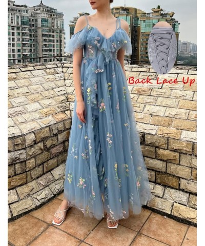 Spaghetti Strap Flower Embroidery Tulle Prom Dresses V Neck Ruffles Formal Evening Gown with Slit for Women Dusty Rose $32.90...